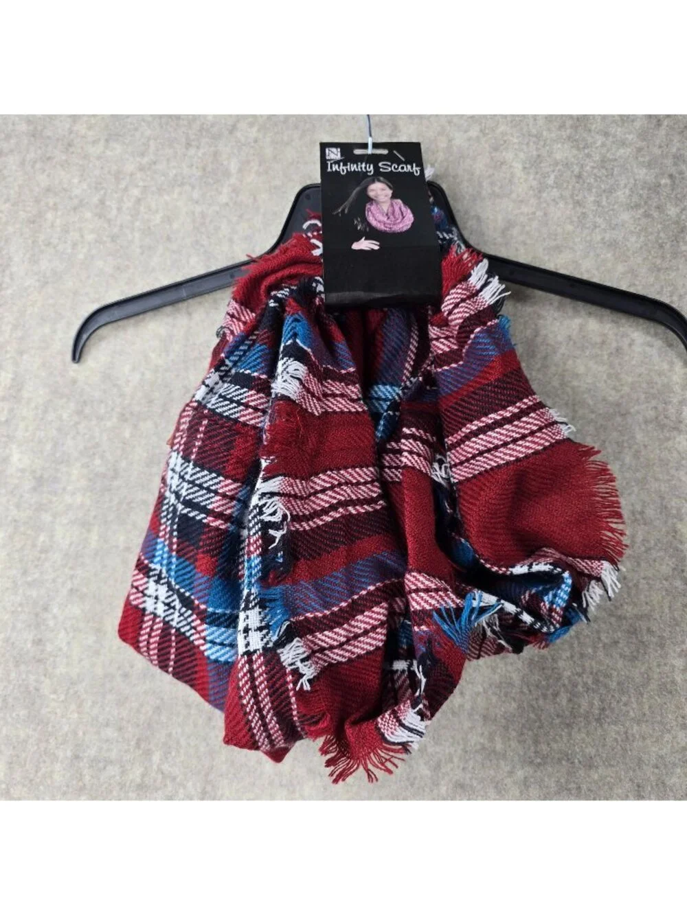 Nicole Infinity Scarf Plaid 100% Acrylic Red & Blue Soft Lightweight